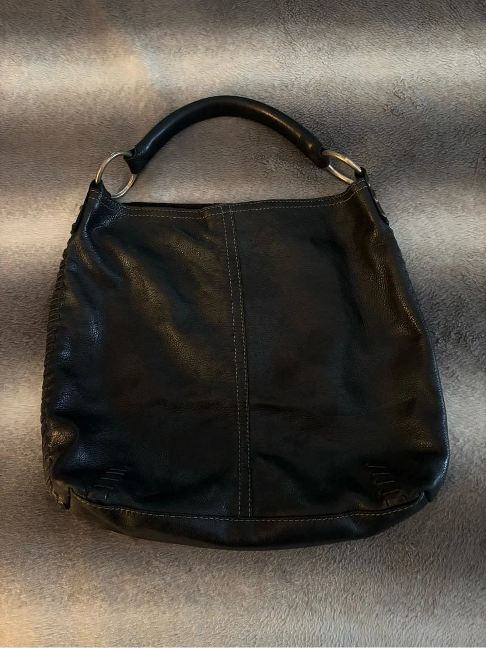 Lucky Brand Black Leather StuddedHobo Bag Whipstitch Slouchy Shoulder Purse
